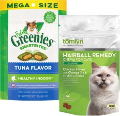 Tomlyn Laxatone Hairball Remedy Chicken Flavor Cat Chews, 60 count & Greenies Feline SmartBites Healthy Indoor Tuna Flavor Cat Treats, 4.6-oz bag