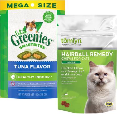 Show full view: Tomlyn Laxatone Hairball Remedy Chicken Flavor Cat Chews, 60 count & Greenies Feline SmartBites Healthy Indoor Tuna Flavor Cat Treats, 4.6-oz bag slide 1 of 6