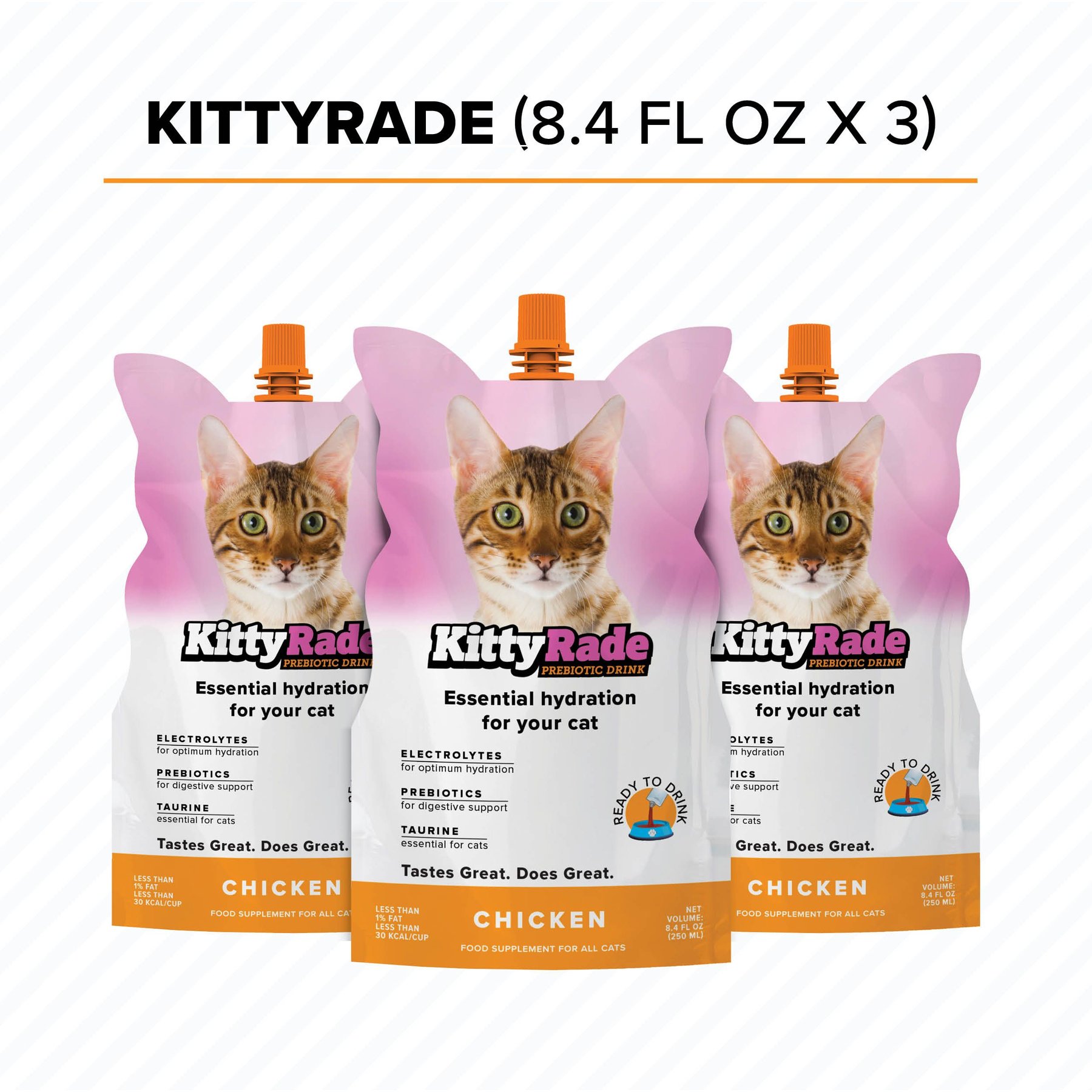 KittyRade Isotonic Drink Chicken Flavored Liquid Digestive Supplement for Cats, 250-ml pouch, pack of 3