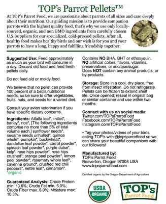 Show full view: TOP's Parrot Food Organic Mini Pellets Bird Food, 1-lb bag slide 4 of 9