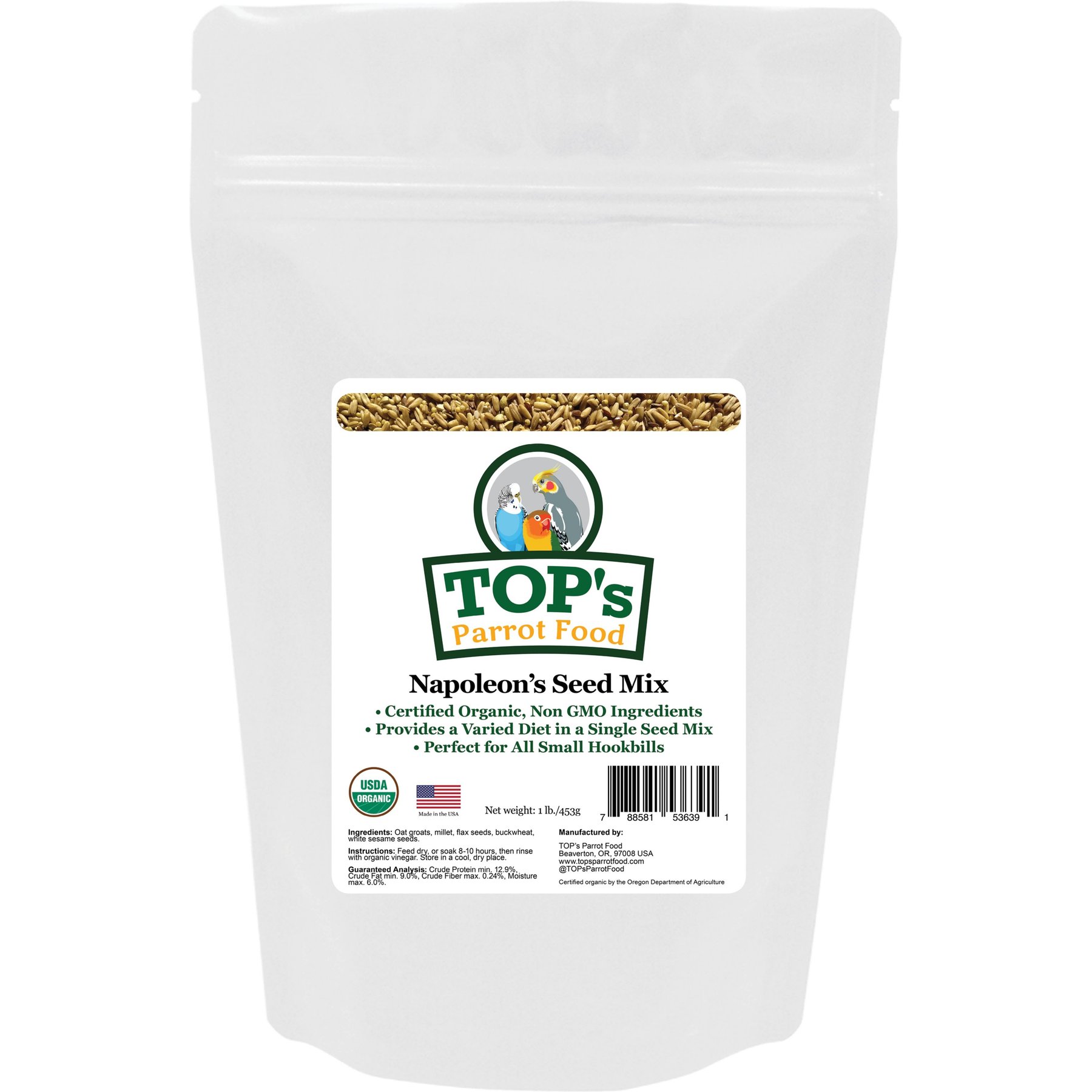 TOP's Parrot Food Organic Napoleon Seed Mix Small Parrot Food, 1-lb bag