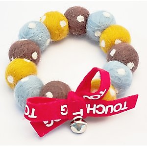 Touchcat Pom-Pom Felt Cat Collar with Bell, Brown/Yellow, Medium