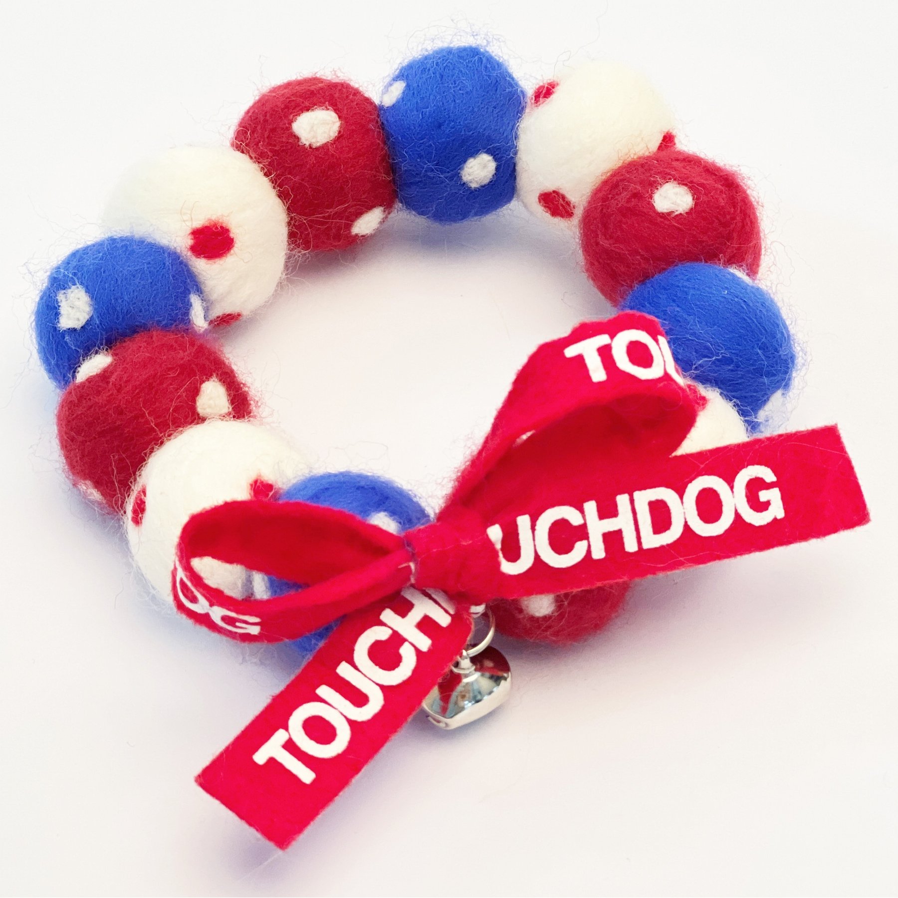 Touchcat Pom-Pom Felt Cat Collar with Bell, Red/Blue, Small
