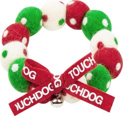 Touchcat Pom-Pom Patterned Designer Adjustable Cat Neck Collar with Chime Bell, Red/Green, Small: 5.9-in neck, 3/8-in wide