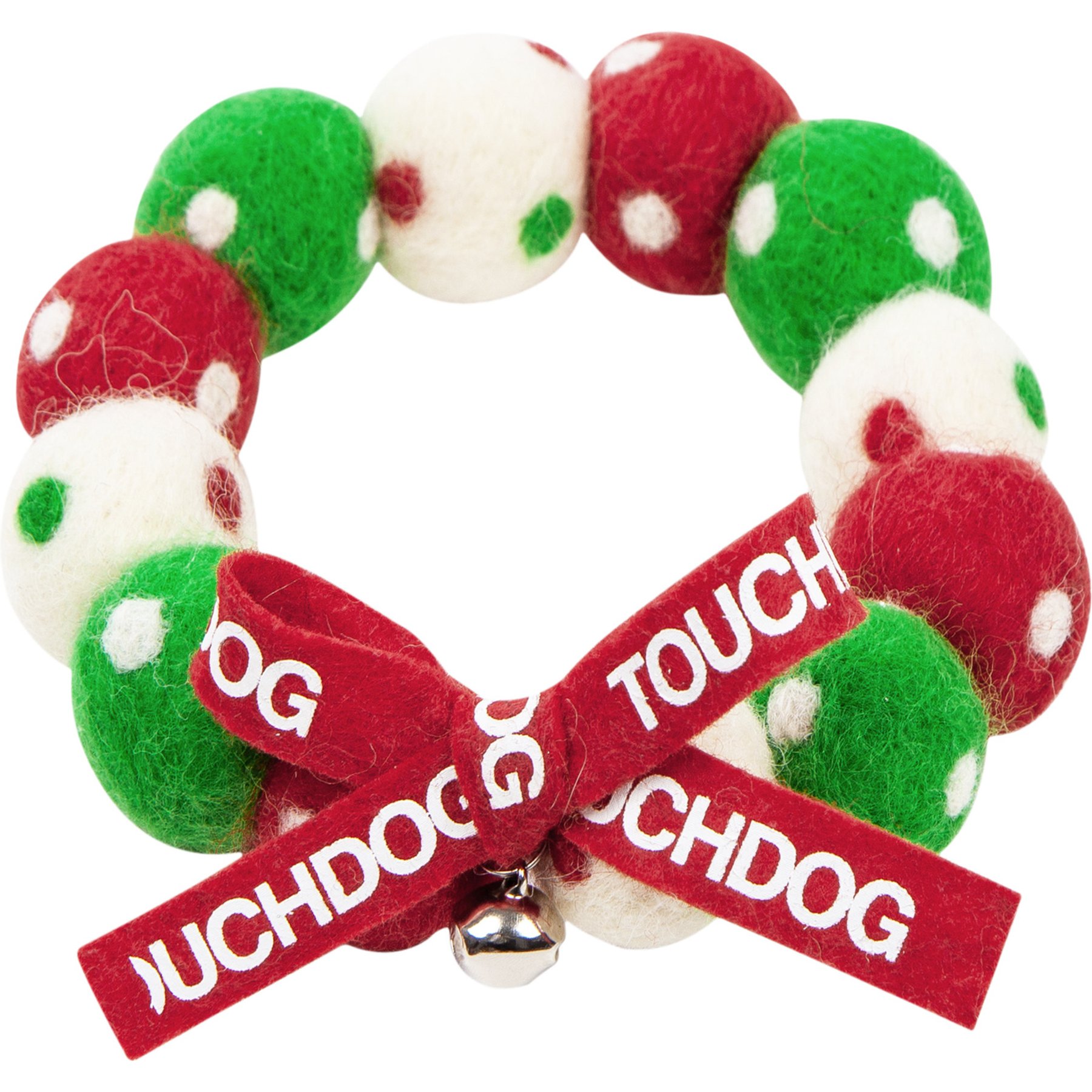 Touchcat Pom-Pom Patterned Designer Adjustable Cat Neck Collar with Chime Bell, Red/Green, Small: 5.9-in neck, 3/8-in wide