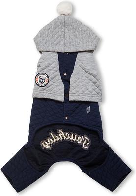 Show full view: Touchdog Fashion Designer Full Body Quilted Hooded Dog Sweater, Navy/Grey, Small slide 2 of 4