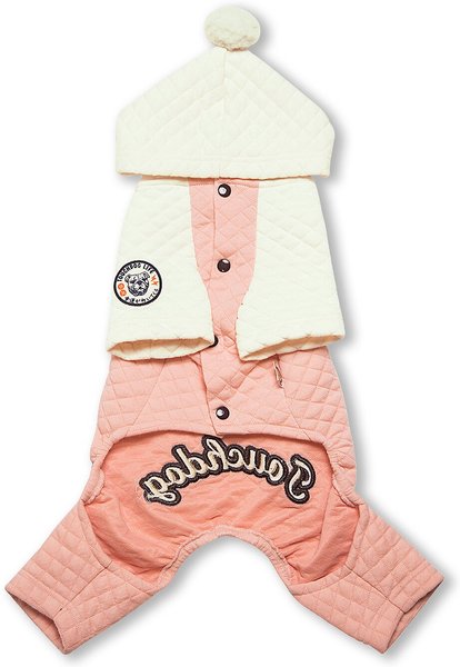 Show full view: Touchdog Fashion Designer Full Body Quilted Hooded Dog Sweater, Pink/White, X-Small slide 2 of 3