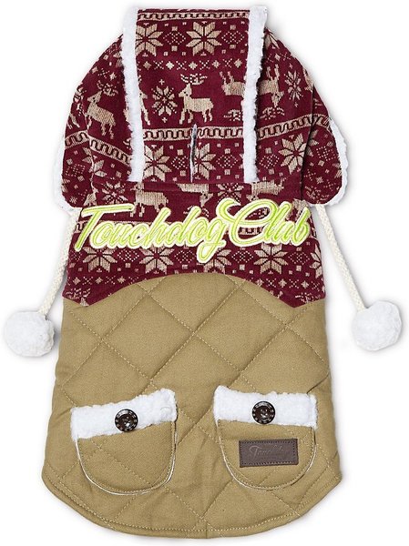 Show full view: Touchdog Snowadayz Hooded Dog Sweater, Red/Beige, Small slide 1 of 3