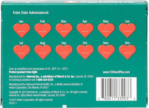 Show full view: Tri-Heart Plus Chewable Tablet for Dogs, 26-50 lbs, (Green Box), 6 Chewable Tablets (6-mos. supply) slide 2 of 9