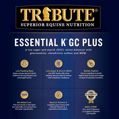 Show full view: Tribute Equine Nutrition Essential K GC Plus Low-NSC, Joint Support Horse Feed, 50-lb bag slide 5 of 9