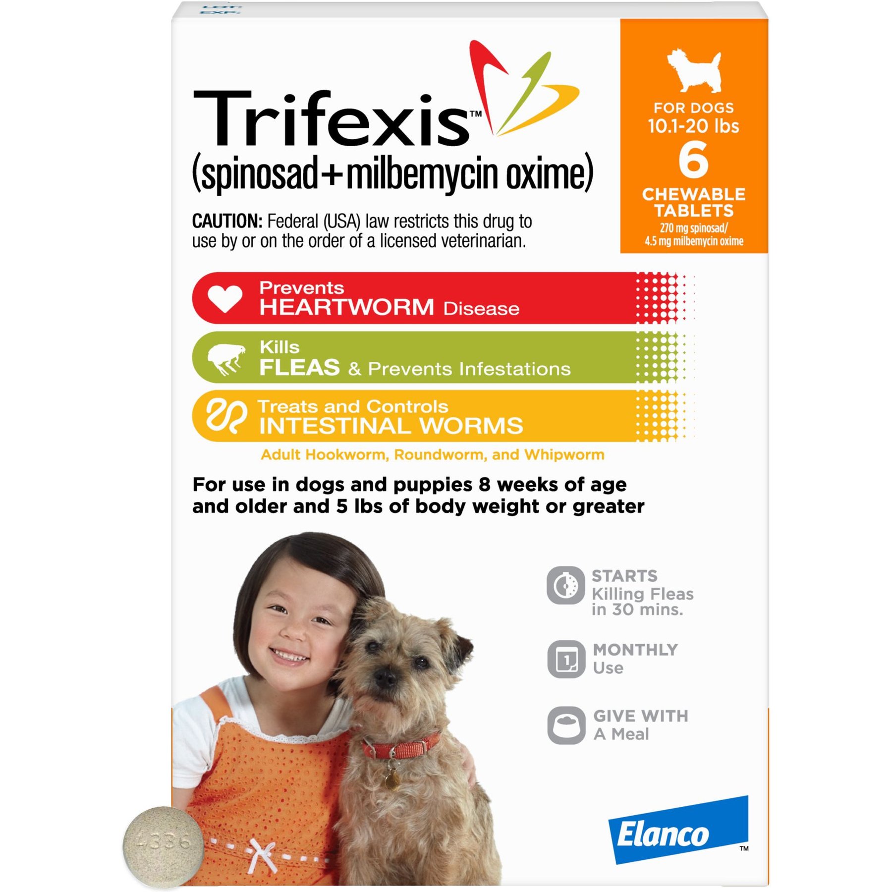 Trifexis Chewable Tablet for Dogs, 10.1-20 lbs, (Orange Box), 12 Chewable Tablets (12-mos. supply)