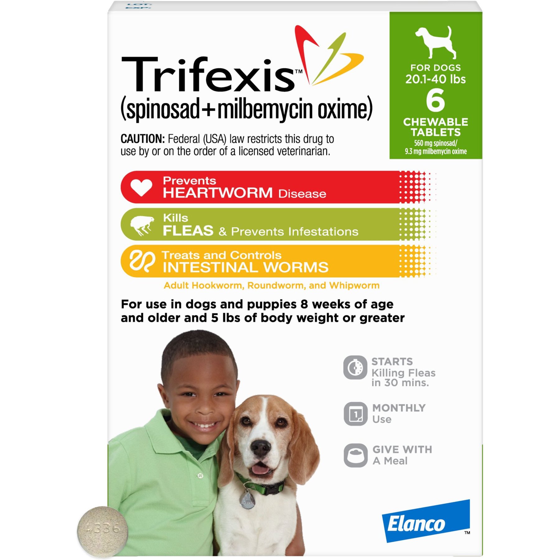 20.1-40 lbs, Trifexis Chewable Tablets for Dogs, 6 treatments, 560 mg Spinosad and 9.3 mg Milbemycin Oxime