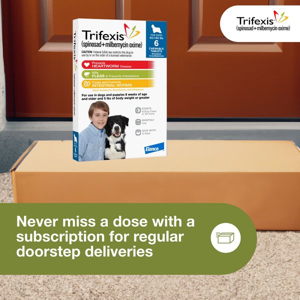 Show full view: Trifexis Chewable Tablet for Dogs, 40.1-60 lbs, (Blue Box), 6 Chewable Tablets (6-mos. supply) slide 7 of 11