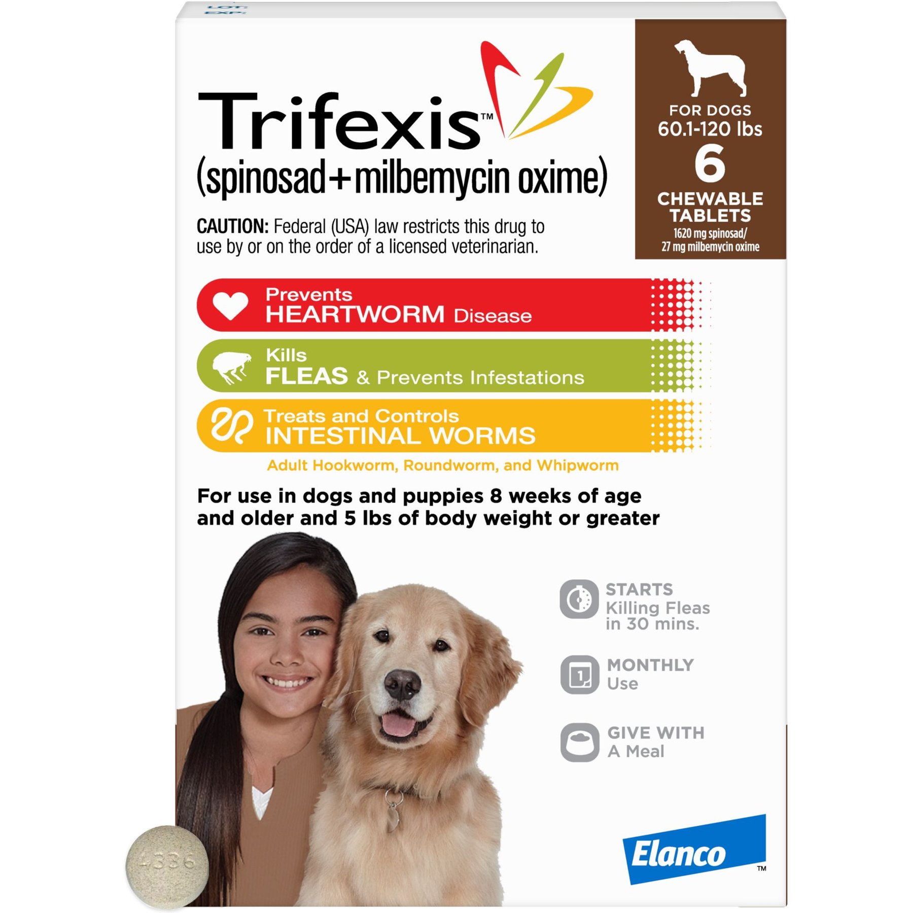 60.1-120 lbs, Trifexis Chewable Tablets for Dogs, 6 treatments, 1620 mg Spinosad and 27 mg Milbemycin Oxime