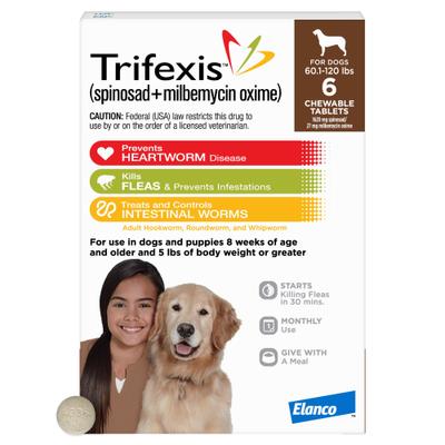 Show full view: Trifexis Chewable Tablet for Dogs, 60.1-120 lbs, (Brown Box), 6 Chewable Tablets (6-mos. supply) slide 1 of 11