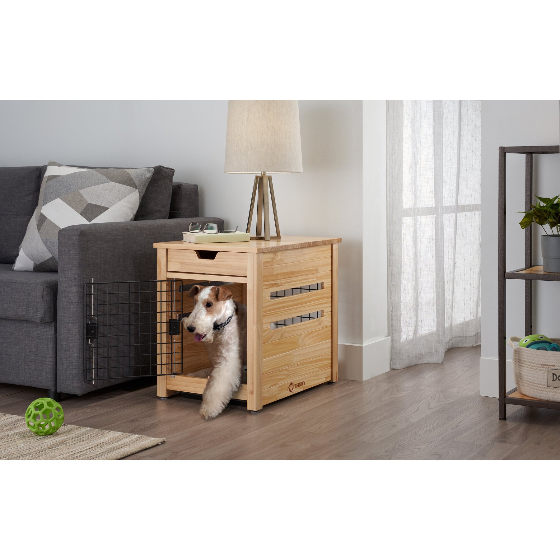 TRINITY Crate End Table Single Door with Drawer Furniture Style Dog & Cat Crate, Natural, 18-in