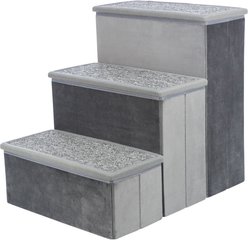 TRIXIE Foldable Velour Pet Stairs with Storage, Gray, 3-Step, 15-in Wide