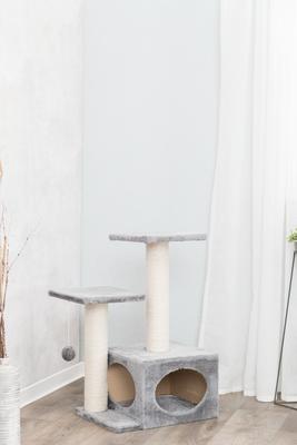 Show full view: TRIXIE Valencia 28-in Plush Cat Tree & Scratching Post with Condo & Cat Toy, Gray/Cream slide 5 of 8