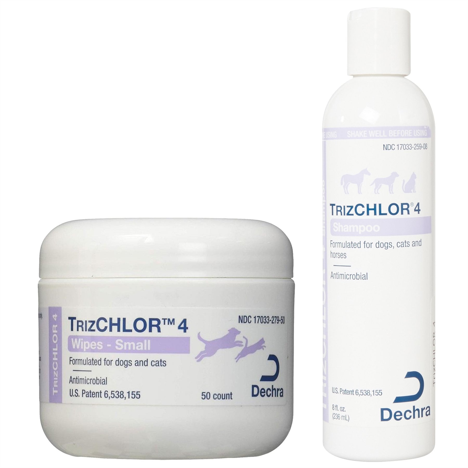 TrizCHLOR 4 Wipes, 50 count + 4 Shampoo for Dogs, Cats & Horses, 8-oz bottle