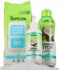 TropiClean 3-Piece Variety Pack Itch Relief Shampoo, Spray & Hypoallergenic Wipes
