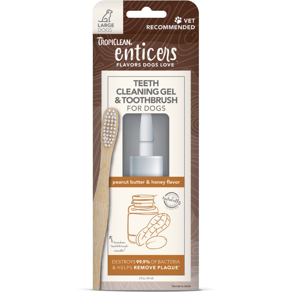 TropiClean Enticers Peanut Butter & Honey Flavored Toothpaste Large Dog Tooth Brushing Kit, 2-oz tube