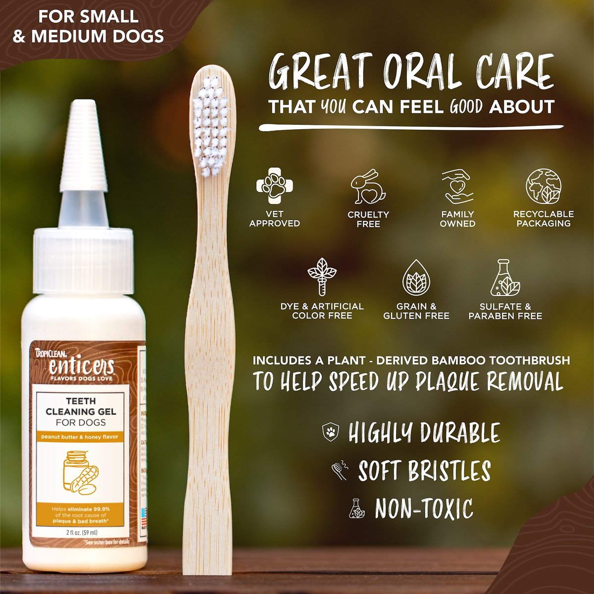 TropiClean Enticers Peanut Butter & Honey Flavored Toothpaste Small & Medium Dog Tooth Brushing Kit, 2-oz tube