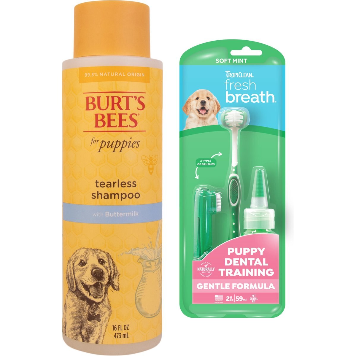TropiClean Fresh Breath Puppy Oral Care Kit + Burt's Bees Tearless Puppy Shampoo with Buttermilk for Dogs