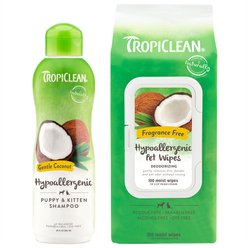 TropiClean Hypo-Allergenic Gentle Coconut Puppy & Kitten Shampoo, 20-oz bottle + Deodorizing Dogs Wipes, 100 count