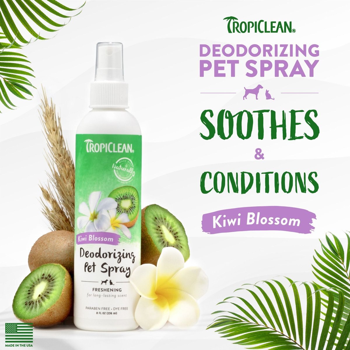 TropiClean Deodorizing Perfume & Odor Eliminating Kiwi Blossom Scent Dog & Cat Spray, 8-fl oz bottle