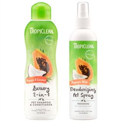 TropiClean Luxury 2 in 1 Papaya & Coconut Shampoo & Conditioner, 20-fl oz bottle + Papaya Deodorizing Dog & Cat Spray, 8-fl oz bottle