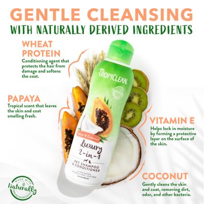 Show full view: TropiClean Luxury 2 in 1 Papaya & Coconut Shampoo & Conditioner, 20-fl oz bottle + Papaya Deodorizing Dog & Cat Spray, 8-fl oz bottle slide 3 of 10