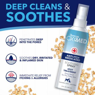 Show full view: TropiClean OxyMed Medicated Anti-Itch Oatmeal Dog & Cat Shampoo, 20-fl oz bottle + Anti-Itch Spray, 8-fl oz bottle slide 7 of 9