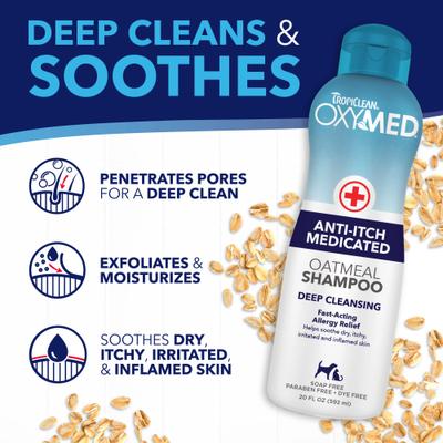 Show full view: TropiClean OxyMed Medicated Anti-Itch Oatmeal Dog & Cat Shampoo, 20-fl oz bottle + Anti-Itch Spray, 8-fl oz bottle slide 3 of 9