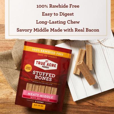 Show full view: True Acre Foods Large Stuffed Bone Treats Meaty Middle Made with real Bacon, 6 count slide 5 of 10