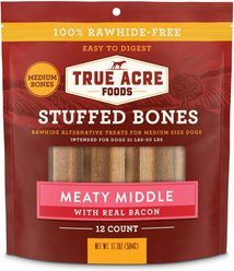 True Acre Foods Medium Stuffed Bone Treats Meaty Middle Made with real Bacon, 12 count