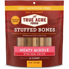 True Acre Foods Medium Stuffed Bone Treats Meaty Middle Made with real Bacon, 12 count
