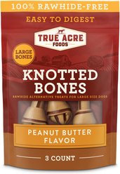 True Acre Foods, Rawhide-Free, Knotted Bones, with Natural Peanut Butter Flavor Dog Treats, Large, 3 count