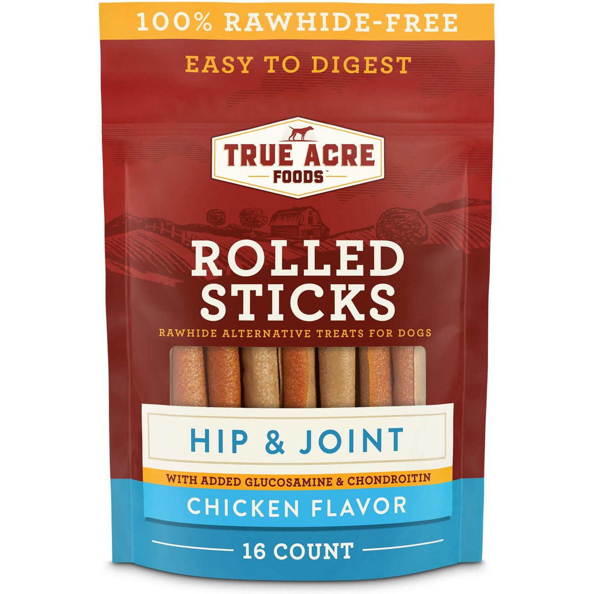 True Acre Foods, Rawhide-Free, Rolled Sticks, Hip & Joint Chew, with Natural Chicken Flavor Dog Treats, 16 count