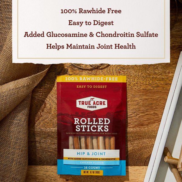 True Acre Foods, Rawhide-Free, Rolled Sticks, Hip & Joint Chew, with Natural Chicken Flavor Dog Treats