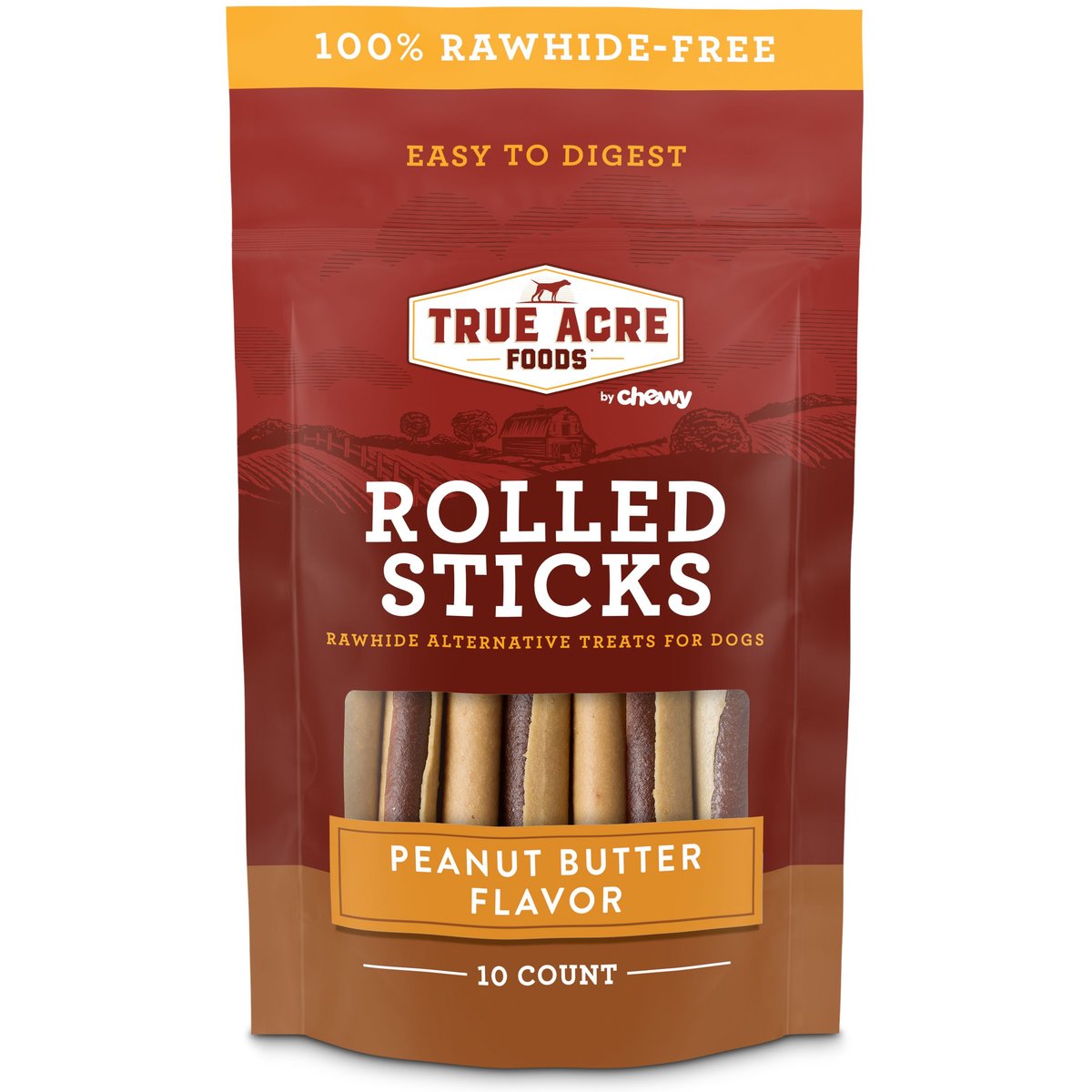 True Acre Foods Rawhide-Free Rolled Sticks Peanut Butter Flavor Dog Treats, 10 count