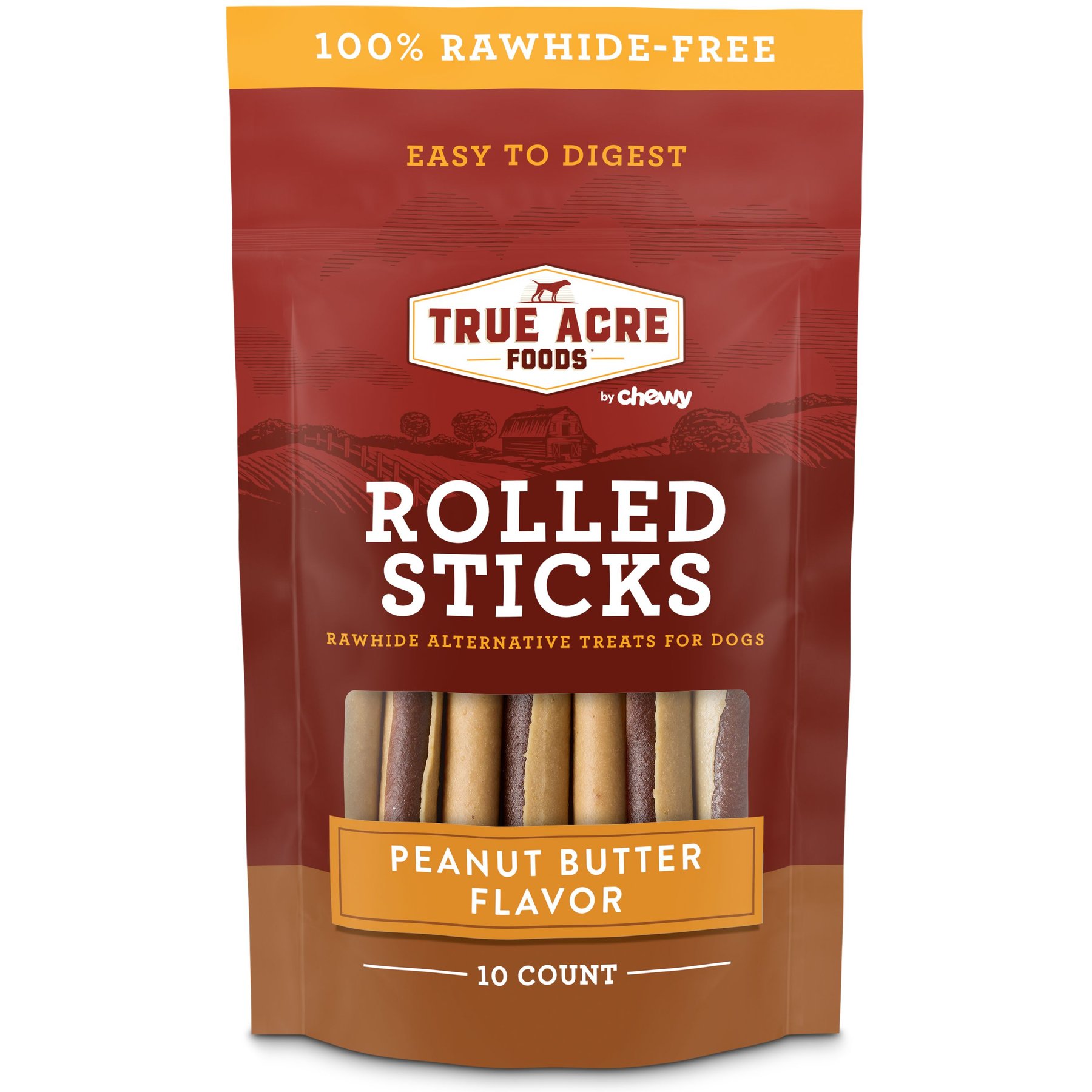 True Acre Foods Rawhide-Free Rolled Sticks Peanut Butter Flavor Dog Treats, 10 count