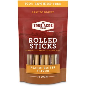True Acre Foods Rawhide-Free Rolled Sticks Peanut Butter Flavor Dog Treats, 10 count