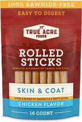 True Acre Foods, Rawhide-Free, Rolled Sticks, Skin & Coat Chew, with Natural Chicken Flavor Dog Treats, 16 count