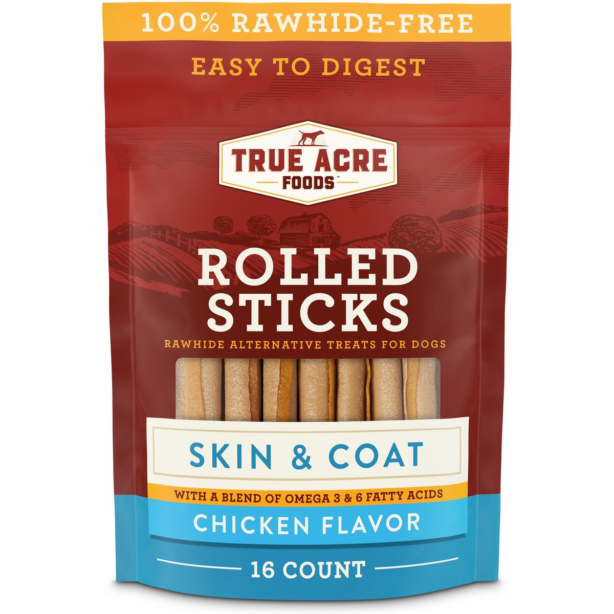 True Acre Foods, Rawhide-Free, Rolled Sticks, Skin & Coat Chew, with Natural Chicken Flavor Dog Treats, 16 count