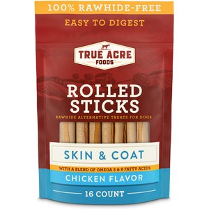 True Acre Foods, Rawhide-Free, Rolled Sticks, Skin & Coat Chew, with Natural Chicken Flavor Dog Treats, 16 count