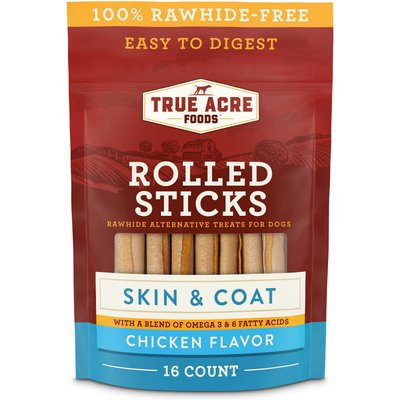 True Acre Foods True Acre Foods, Rawhide-Free, Rolled Sticks, Skin & Coat Chew, with Natural Chicken Flavor Dog Treats, 16 count