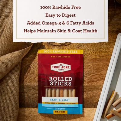Show full view: True Acre Foods, Rawhide-Free, Rolled Sticks, Skin & Coat Chew, with Natural Chicken Flavor Dog Treats, 16 count slide 5 of 11