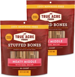 True Acre Foods Small Stuffed Bone Treats Meaty Middle Made with real Bacon, 60 count bundle