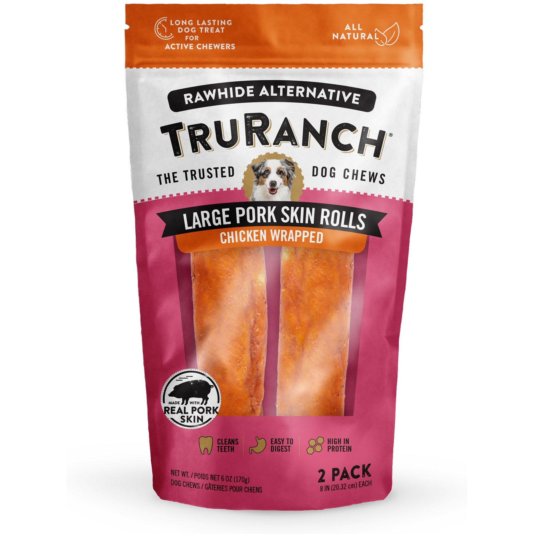 TruRanch Pork Skin Rolls Chicken Wrapped Dog Jerky, Large, 2 count