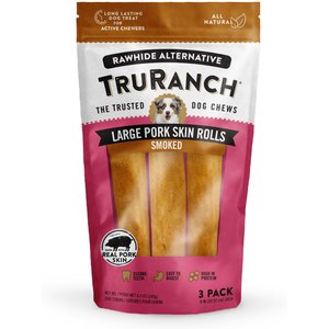 TruRanch Pork Skin Rolls Smoky Flavored Natural Chew Dog Treats, Large, 3 count